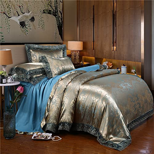 MAHPKYZ Silk Bed Sheets Double,Satin Silk Duvet Cover Sets With Pillowcase, Luxury Satin Jacquard Bedding Set, European Silk Lace Duvet Cover Sheet Pillowcase, Wedding Duvet Cover,22,200 * 230