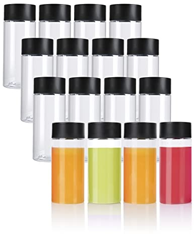 ZMCYN 8ounce/250ml Clear PET Plastic Juice Bottles with Black Lids, Reusable Sensory Bottles Empty Smoothie Bottle for Juice, Milk, Beverage(16 Pack)
