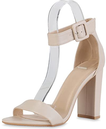 VAN HILL Damen Riemchensandaletten Sandaletten Elegante Freizeit Schuhe Blockabsatz Absatzschuhe Basic Riemchenschuhe 211507 Beige 39