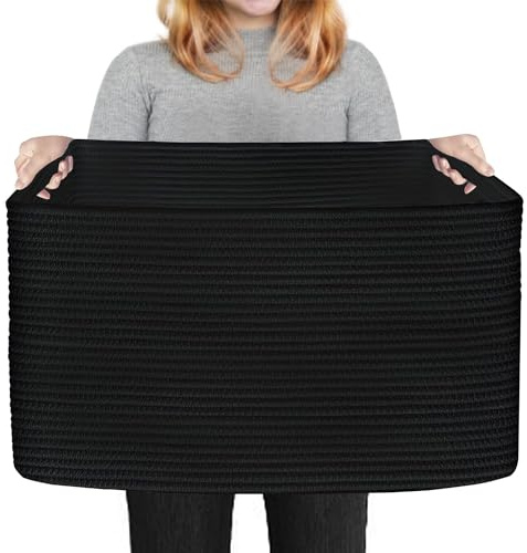 HONCESTA Extra Large Black Basket, 22 X 17 X 12 Rectangle Woven Baskets for Storage, Soft Cotton Rope Kids Room Toy Basket Box Bins, Big Wicker Basket Organizer for Blankets, Pillows, Laundry