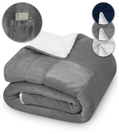 Manta para sofá 130x150 KAMI Sherpa - Manta calentita reversible para invierno - Manta forro polar y franela con tacto de peluche - Con bolsillo para smartphone y protección higiénica - gris oscuro