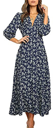 Women's 3/4 Sleeve Maxi Dress Button-Down Floral Print V-Neck Casual High Waist Boho Summer Flowy Split Long (Navy Blue, S)