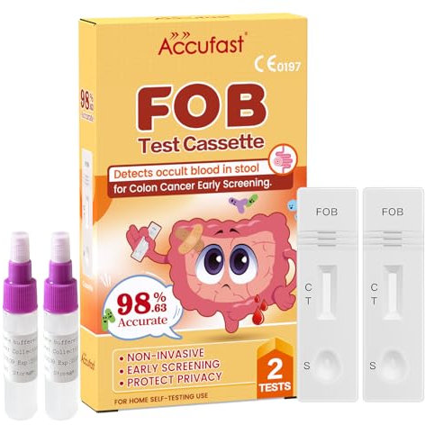 Accufast 2X FOB Test - Colon Faecal Screening Test Kit, Fecal Occult Blood Rapid Test Cassette, Occult Blood in Stools Home Testing, FOB Bowel Health Test Kit for Detecting Bowel Cancer
