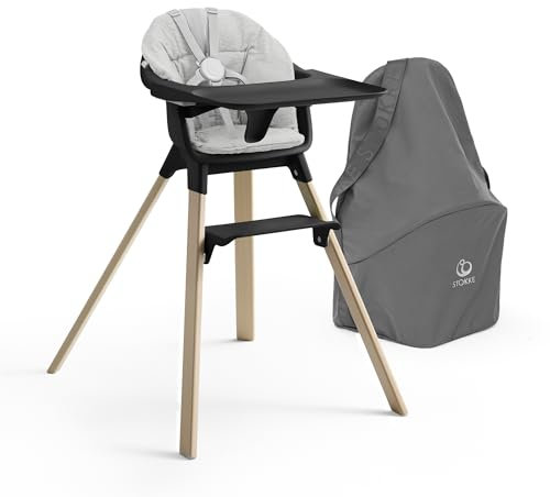 Stokke Clikk - Trona (negro/natural) con cojín Clikk (gris nórdico) + bolsa de viaje, incluye bandeja y arnés, ligera, duradera y apta para viajes, ideal para 6-36 meses o hasta 33 libras