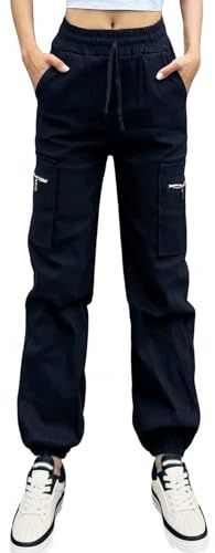 Nuofengkudu Donna Harem Cargo Pantaloni Larghi alla Caviglia Elasticizzati Coulisse Elastico Vita Alta Cerniera Tasche Laterali Polsino Lavoro Pantalone Jogging Pants Sportivi Vintage Casual Nero L