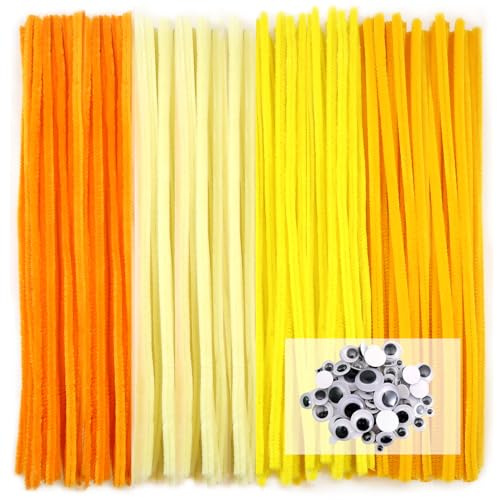 TOAOB 100 Pezzi Scovolini per Lavoretti Gialli Pipe Cleaner Bastoncini Decorativi e 100 Occhi Mobili Adesivi per Bambole Pupazzi Artigianato Scrapbooking Fai da Te