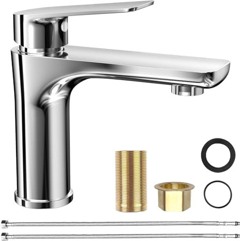 WinGluge Waschtischarmatur mit Anschlussschlauch, Mischbatterie Waschbecken Wassersparend, Badarmatur, Waschbecken Armatur, Wasserhahn Bad mit Auslauf Höhe 9cm, Einhand-Waschtischbatterie, Chrom
