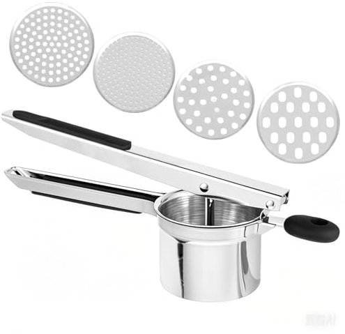 Schiacciapatate - Schiacciapatate Acciaio Inox - Pressa per Patate, 4 Dischi Intercambiabili, Manico Ergonomico Antiscivolo, Facile da Pulire, Perfetto per Purè, Gnocchi e Alimenti per Bambini