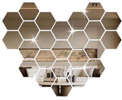 UICCVOKK 24 Stück Spiegelfliesen Selbstklebend, Sechseckiger Spiegel Wandaufkleber, HD Acryl Wandspiegel Klebespiegel, Spiegelfolie Acryl Sechseck für Wohnzimmer, Badezimmer, Schlafzimmer Wand Dekor