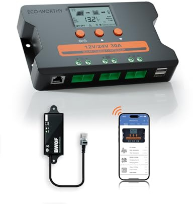ECO-WORTHY 30 A solladdningsregulator med WiFi Bluetooth & APP-övervakning, individuell batteristyrenhet för solpaneler, dubbla USB-portar bil 12 V/24 V PWM för FLD/LiFePO4/SLD/GEL husbil solsystem