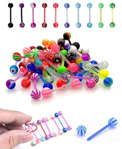 TPZORJX Piercing langue en plastique, 35pcs, Bijoux de piercing de langue personnalisés, Souple Silicone et Acier Chirurgical Barres Piercing 16mm 1.6mm pour Femme Homme
