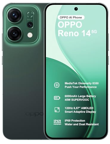 OPPO Reno14 5G 12+256Go IA Smartphone Android Débloqué, Dimensity 8350 Téléphone, Caméra AI 50+8+50MP, Batterie 6000mAh, SUPERVOOC 80W, Écran 120Hz 6,59 AMOLED, IP69, Vidéo 4K, NFC, Dual SIM, Vert
