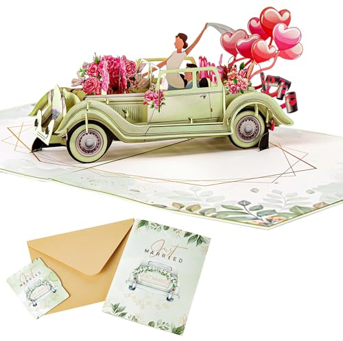 Tarjeta de felicitación pop-up Just Married con coche vintage y motivos florales – Tarjeta romántica para la pareja de novios, fiesta de boda, compromiso, recién casados