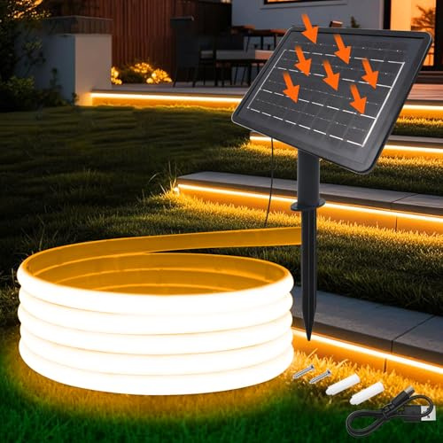 Wisada 24V COB LED Tira Solar [10m, Amarillo], 7200MAH Panel Solar Controlador, 8 Modos, IP68 Impermeable Flexible FCOB LED Neón Tira para Dormitorio Jardín Pasillo Decoración