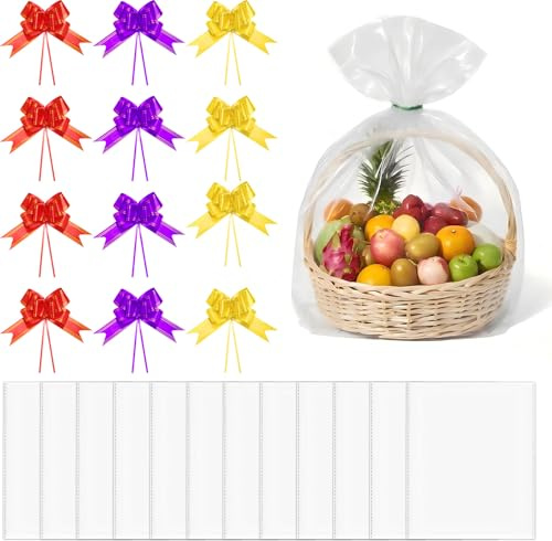 Vuemhjaey 5 pellicole trasparenti da regalo, 75 x 100 cm, con fiocco, ideali per cesti regalo, fiori, artigianato e matrimonio, pellicola trasparente e sacchetti per imballaggi (trasparenza, 50 x 70)