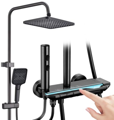 HOMELODY Duscharmatur komplett set med glashylla – regndusch med kran och 30 cm, duscharmatur med pianoknapp, 4 stråltyper och 3-funktions handdusch, duschset med regndusch, grå