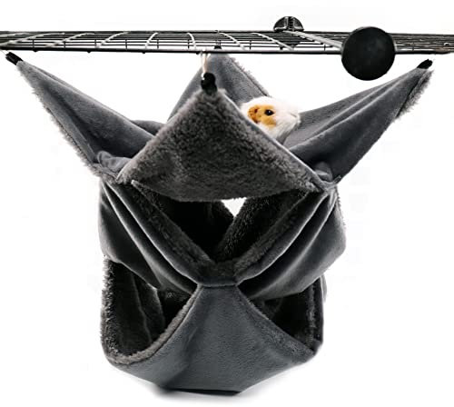 LeerKing Ratten Hängematte 3 Ebenen Flauschige Höhle Kleintierebett Hängebett Nagerkäfig Zubehör mit Haken für Ratte Nager Chinchillas Totoro Hamster Frettchen Mäuse Dunkelgrau