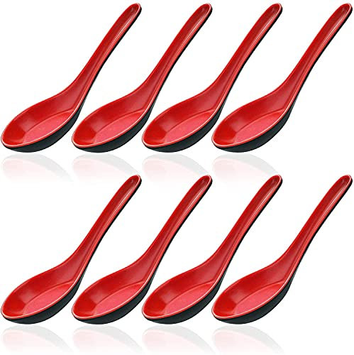 LATRAT Lot de 8 cuillères à soupe chinoises Won Ton en plastique, style asiatique, rouge et noir