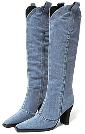 PAIDAXING Bottes de cowboy pour femme en jean à talon mi-haut avec bout carré et talon - Style rétro - Pour l'hiver et l'automne, bleu, 37.5 EU