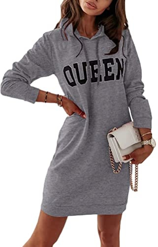 Onsoyours Femme Sweat à Capuche Robe Sweatshirt à Manches Longues Queen Imprimé Robes Pull Tunique Hoodie Grande Taille Printemps Mode Sweat Tops A Gris M