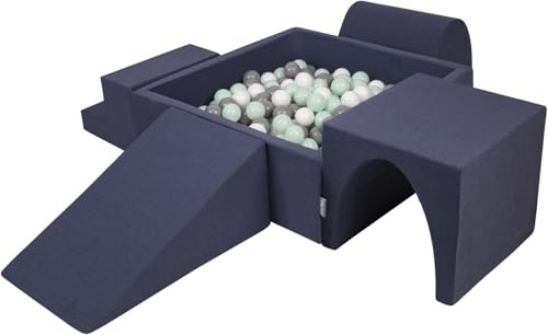 KiddyMoon lekplats i skum med fyrkantig bollbassäng (200 bollar) för barn, mörkblå, vit, grå, mintgrön