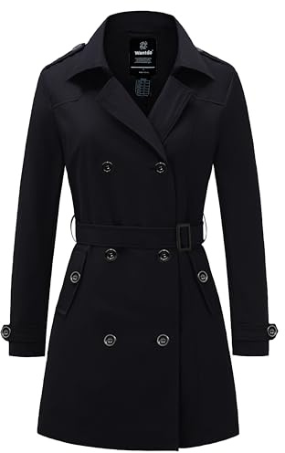 Wantdo Femme Trench-Coat à Double Boutonnage Ceinture Coupe-Vent à Bouton Veste Coupe Ajustée Manteaux Epaulettes d'Epaule Noir-2X 40