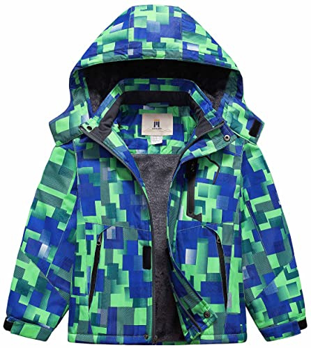 CREATMO US Ski Jacket Kids Snowsuit Boy's Waterproof Snow Hooded Fleece Lined Windproof Winter Green Printed 14-16