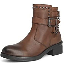 QUEEN HELENA Stivaletti di Pelle con Tacco Zip Laterale Stivali Bassi Borchiati con Fibbia Donna S270 (Marrone, numeric_38)