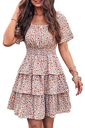 PRETTYGARDEN Women's 2025 Floral Summer Short Dress Square Neck Short Sleeve Tiered Ruffle Boho Swing Dresses (White,Medium)