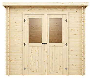 Woodtex Holz Gerätehaus Mini 1 B | Wandstärke 28 mm | Blockbohlenbauweise | Naturbelassen | Pultdach | BxTxH: 230 x 127,5 x 204,4 cm | Inkl. Doppelflügeltür + Einflügeltür mit Echtglas | Ohne Fußboden