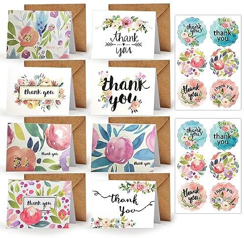 Yoolly 8 Pack Thank You Cards, Thank You Greeting Cards Multipack with Envelopes and Stickers, for Teachers, Graduation, Wedding, Family, Birthday, Business (Flowers, 8 Cards)