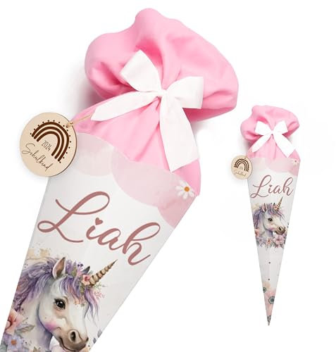 KIDSMOOD - Personalisierte Schultüte Mädchen & Jungen mit Schulkind Holzschild & Stoff | Zuckertüte Rohling, Schultüte Bastelset zur Einschulung 2025 Kinder | Einschulingsgeschenke mit Namen - Einhorn