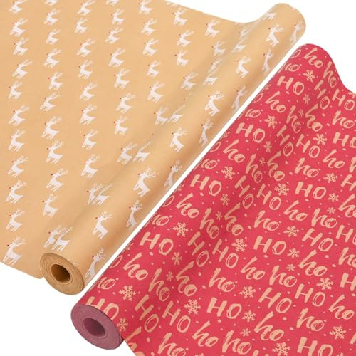 AhfuLife 2 Rollen Geschenkpapier Weihnachten Set, 43cm x 15m Weihnachtspapier Set, Nature Kraftpapier Weihnachtsgeschenkpapier für Xmas Weihnachten Papier Geschenke Geburtstag Verpackung