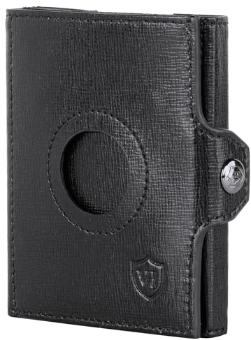VON HEESEN Airtag Slim Wallet mit XL Münzfach & RFID-Schutz - Airtag Portmonee Herren klein aus echtem Leder - Mini Geldbörse - Kreditkartenetui Kartenetui - Portemonnaie Geldbeutel (Saffiano Schwarz)