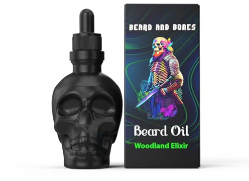 Beard and Bones - 60ml Beard Oil for Men | Nut Free | Natural Carrier Oils of Jojoba, Squalane and Sea Buckthorn Oil | Black Glass Skull | Choice of 6 Scents (Woodland Elixir)