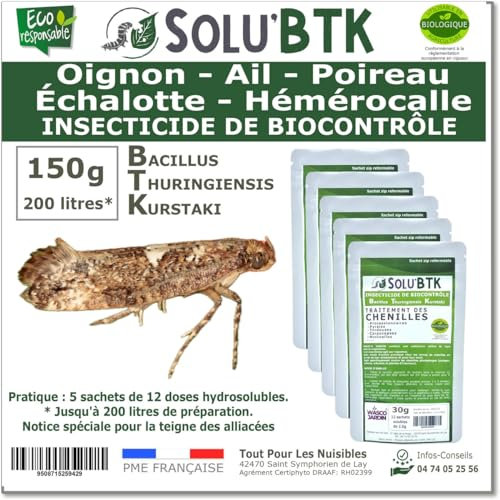 SoluBTK - Oignon, Ail, Poireau, Échalotte, Hémérocalle 150 gr Bacillus thuringiensis BTK - Insecticide Utilisable en Agriculture Biologique