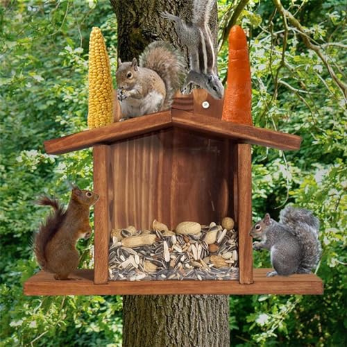 Alimentadores de ardillas para el exterior, comederos de ardilla para el exterior, la casa de la ardilla, comedero para pájaros de madera fácil de llenar, comedero para pájaros visible con panel extr