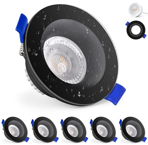 KYOTECH Foco LED empotrable de 230 V 5 W IP65, focos LED empotrables, 68-75 mm, ultraplanos, luz blanca cálida, 3000 K, para baño, cocina, salón, redondo, negro, juego de 6 unidades