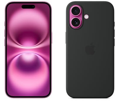 Apple iPhone 16 (128 GB) - Rosa + Funda de Silicona con MagSafe - Negro