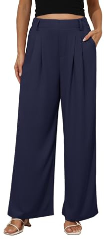 Timuspo Waffle Ladies Elasticated Waist Trousers Wide Leg Baggy Summer Autumn Front Pleated Business Navy Blue Pants XL