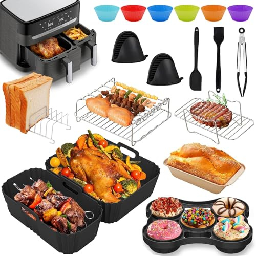Heißluftfritteuse Zubehör für Tefal EY9018 Dual Easy Fry 5,2/3,1L, 18 PCS Airfryer Zubehör für Tefal, Grillrost, Brotbackform, Handschuhe, Heißluftfritteuse Silikonform für Tower T17099/Salter EK5729