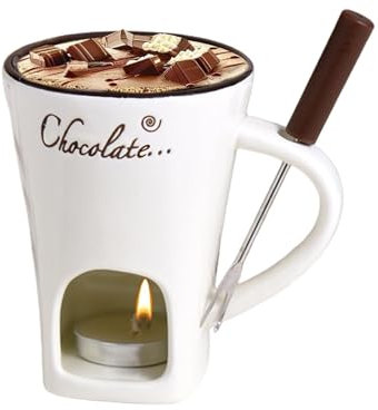 YUANYIYS Service à fondue avec bougie à thé, tasse à fondue au chocolat avec fourchette en acier inoxydable et bougie chauffe-plat, pot à fondue en céramique pour chocolat, fromage, beurre (beige)