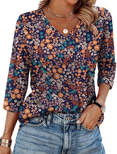 WIHOLL Tops for Women 3/4 Length Sleeve V Neck Casual Tunic Ladies Tops Basic Shirts Loose Fit Blouse Purple Orange Flower Size 14-16