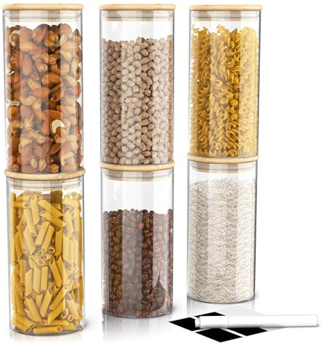 Arendo - Vorratsgläser mit Deckel - 6er Set - Behälter aus Glas – hitzebeständig – Vorratsdosen mit Bambusdeckel - luftdicht - für Müsli Zucker Mehl Kaffee Reis