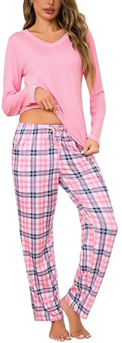 Bresdk Pyjama Femme Hiver Ensembles de Pyjamas Coton Carreaux Manches Longues et Confortable 2 Pièces avec Poches