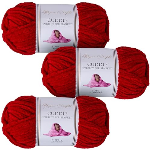 Utopia Crafts Ovillo Lana de Chenilla Gruesa Para Crochet y Tejer a Mano Cherry Red, 100 g/60 m, Esponjosa, Suave, Ideal Principiantes. Lavable a Máquina, Alternativa a Lana Animal, 3 unidades
