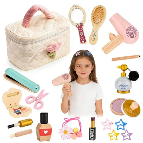 Set Trucchi Bambina in Legno Finti, Set di Trucchi e Parrucchiere in Legno con Rossetto Profumo Giocattoli Giochi Legnos Regalo per Bambini Ragazza 3 4 5 6 7 8 Anni