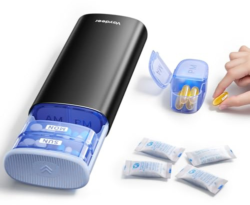 VAYDEER Pastillero para 7 días, 2 veces al día, gran pastillero de metal con compartimentos AM/PM, protección antidesecante, portátil para vitaminas, medicamentos y viajes-Negro