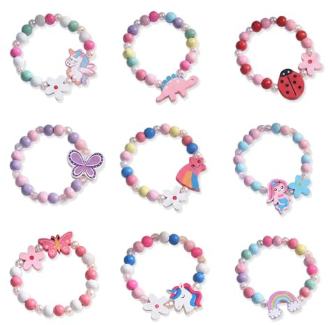 VEOIRXU 9 Pezzi Braccialetti Bambina Bracciali Ragazza Colorati Legno Fiore Unicorno Farfalla Arcobaleno Gioielli Set Elastici Braccialetti Amicizia per Festa Regalini Gadget Compleanno (9 Stili)