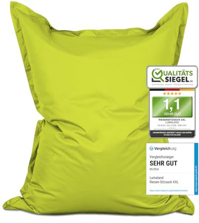 Lumaland Riesen-Sitzsack XXL 140x180 cm | Wasserfestes Indoor & Outdoor Liegekissen mit über 3 Mio. anpassungsfähigen EPS-Perlen | Bean Bag mit waschbarem Bezug & 5 Jahre Qualitätsversprechen [Grün]